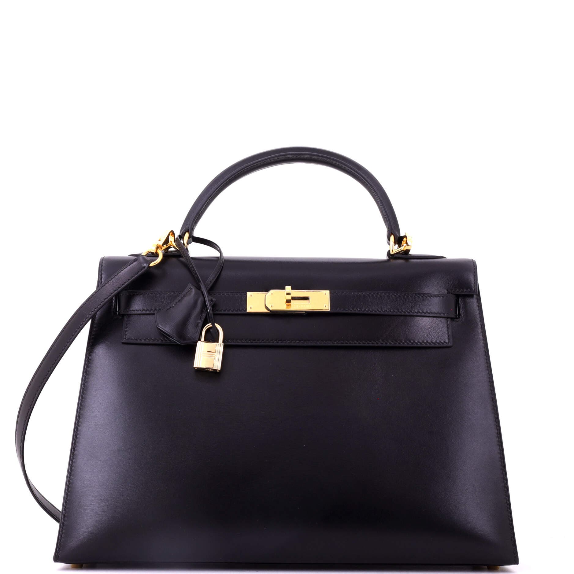 Pre-Owned Hermes Kelly Handbag Black Box Calf with Gold Hardware 32, Main, color, Noir