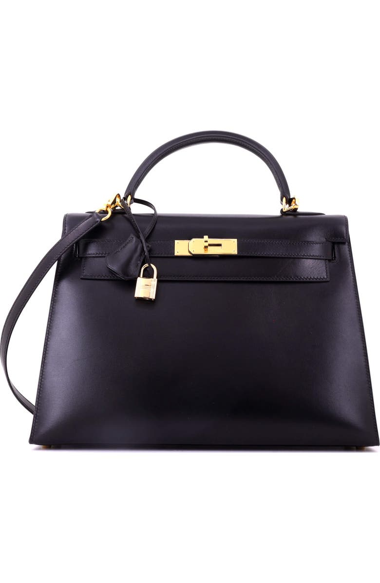 Pre-Owned Hermes Kelly Handbag Black Box Calf with Gold Hardware 32, Main, color, Noir