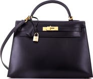 Pre-Owned Hermes Kelly Handbag Black Box Calf with Gold Hardware 32