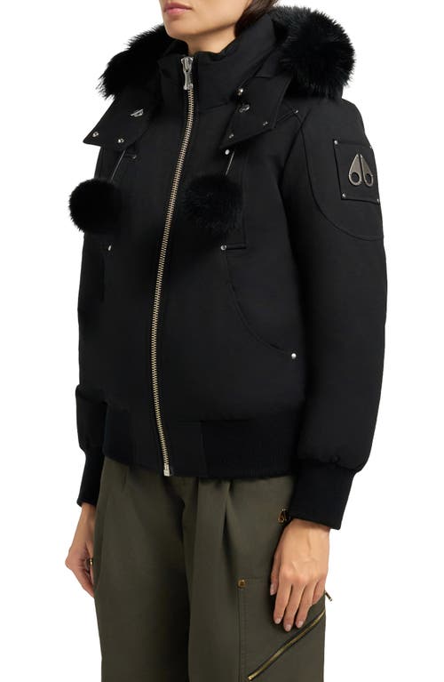 Moose Knuckles Debbie Genuine Shearling Trim Hooded Water Repellent 800 Fill Power Down Bomber Jacke In Black