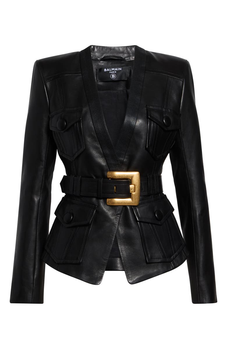 Balmain Belted Leather Jacket, Main, color, 0Pa Black