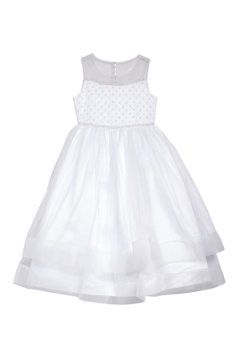 Iris & Ivy Beaded Illusion Tulle First Communion Dress, Main, color, WHITE