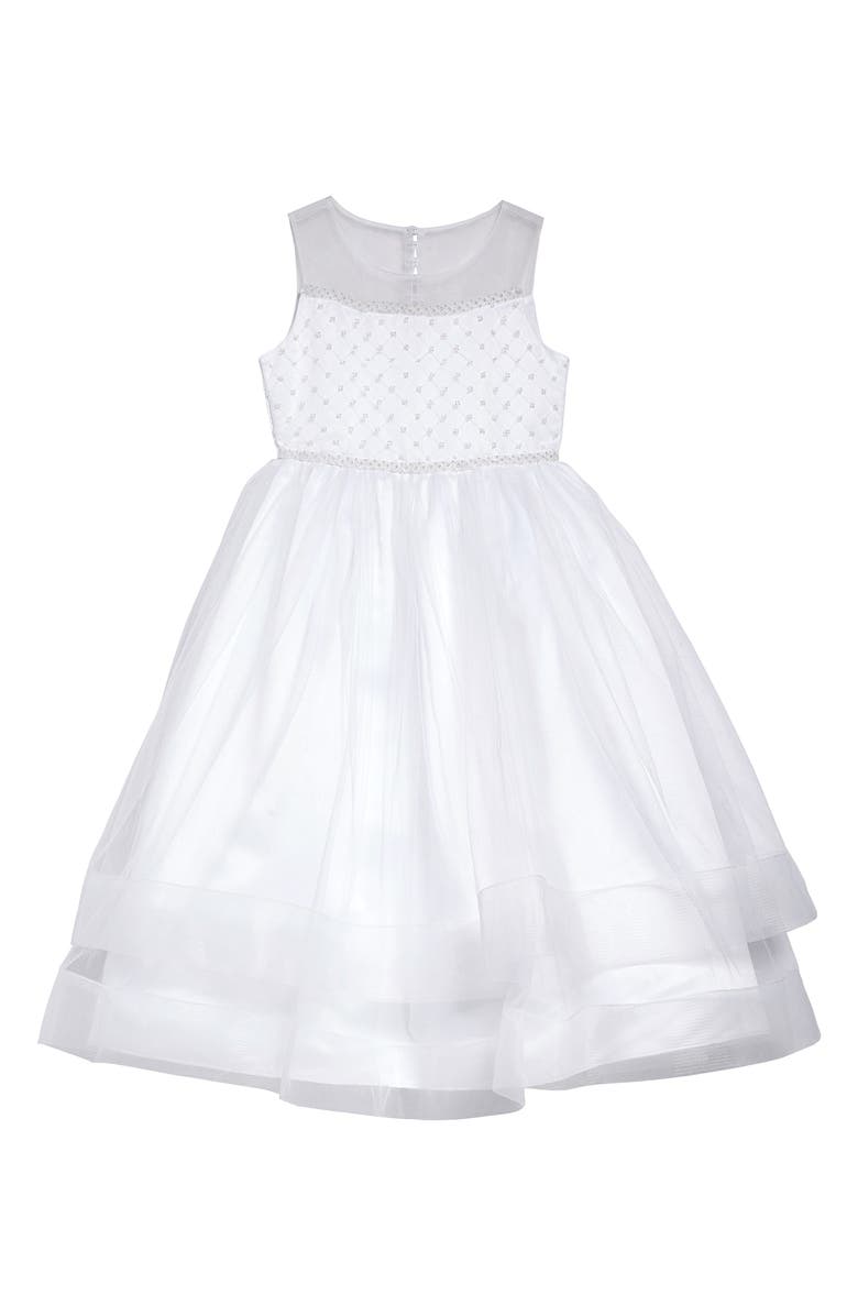 GERSON & GERSON Iris & Ivy Beaded Illusion Tulle First Communion Dress, Main, color,
