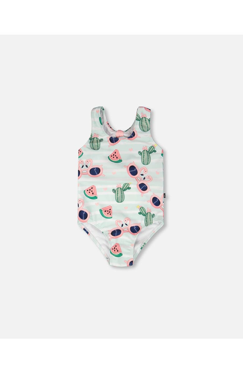 Deux par Deux One-Piece Flamingo and Cactus Swimsuit, Main, color, Blue Flamingo Print