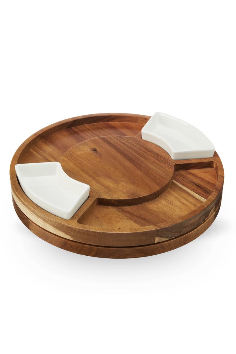 Acacia Wood Rotating Charcuterie Board with Ceramic Dishes, Alternate, color, Wood