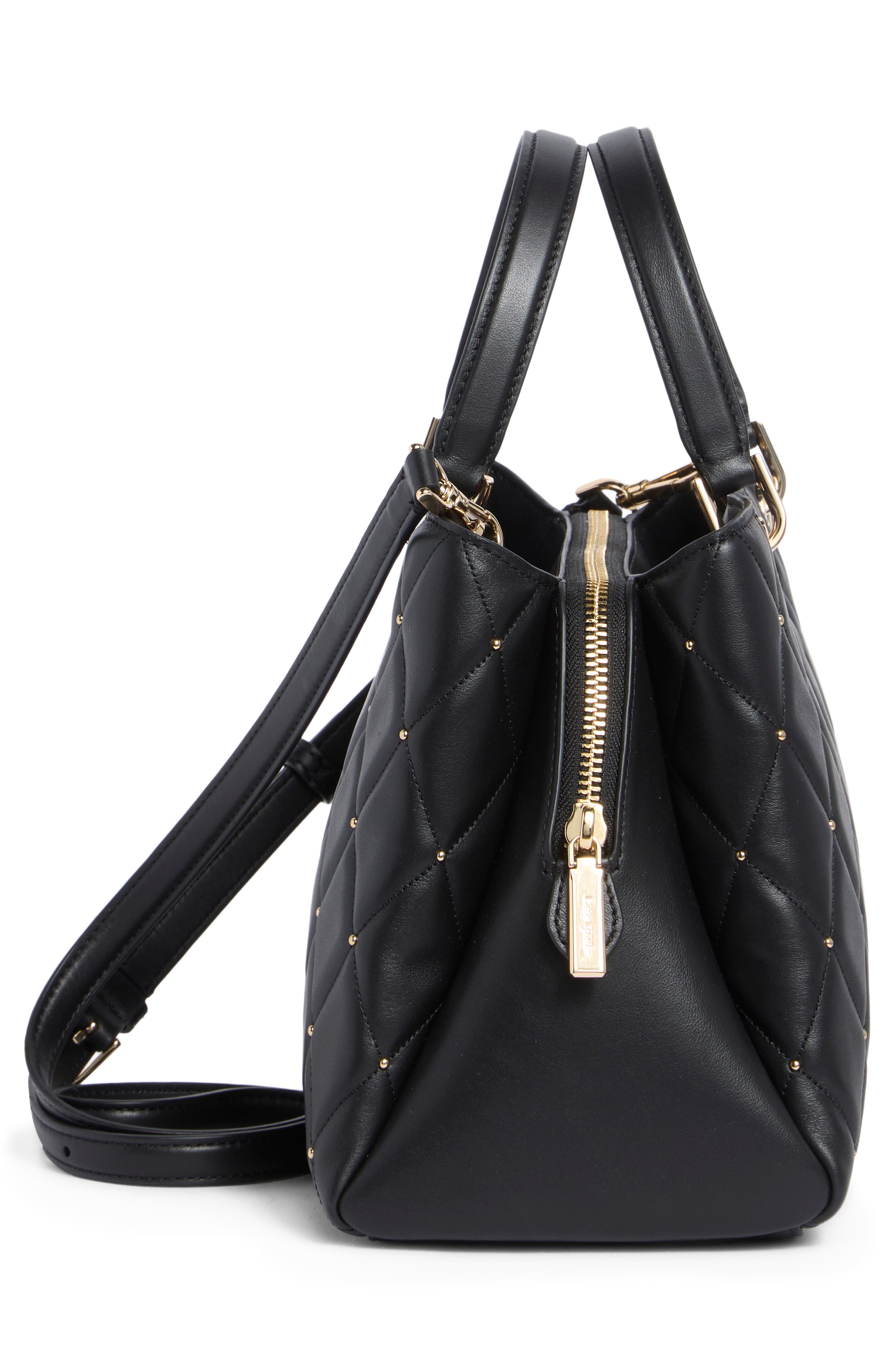 Carey Quilted Studded Medium Leather Satchel, Alternate, color, BLACK