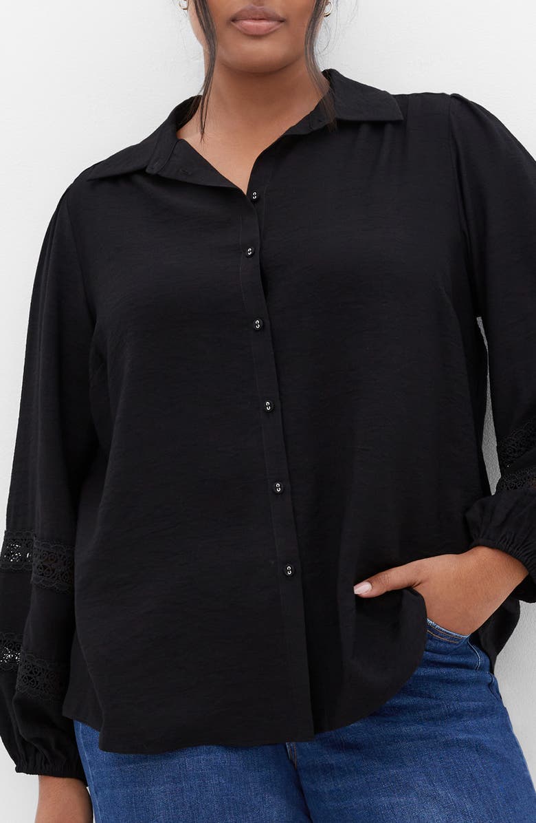 City Chic Deanna Lace Trim Shirt, Main, color, Black