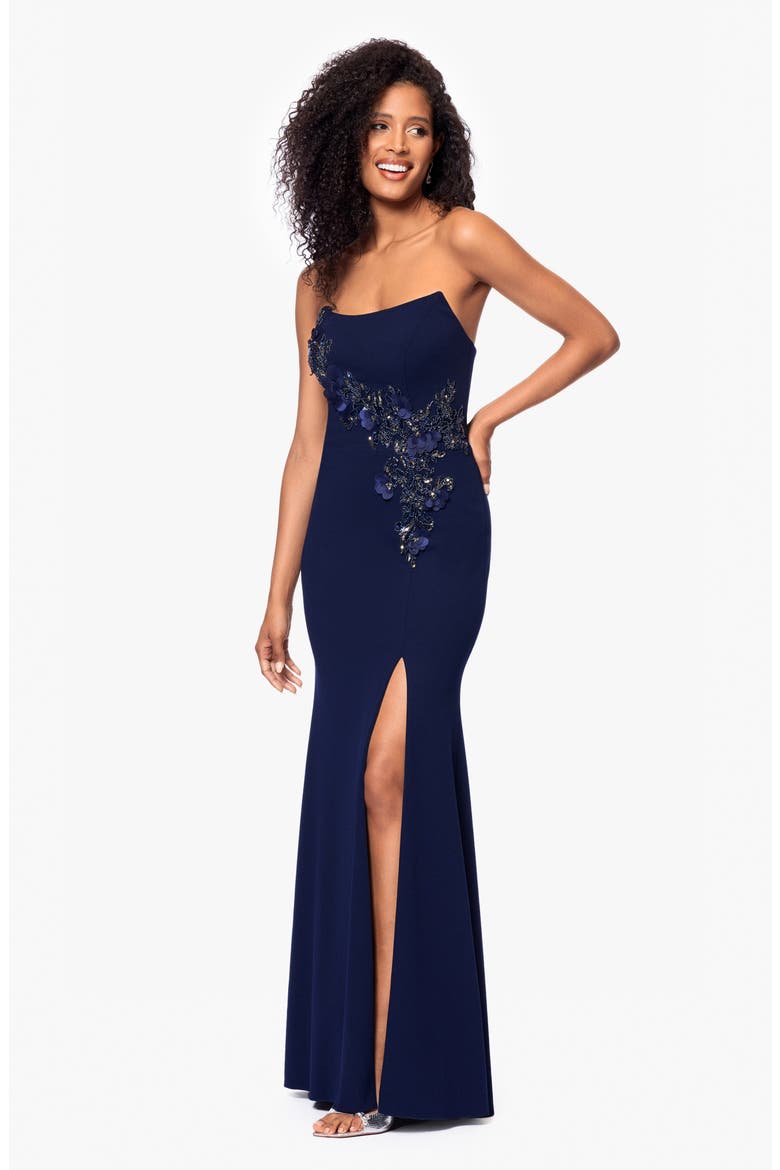 Beaded Floral Detail Strapless Scuba Crepe Gown, Alternate, color, NAVY