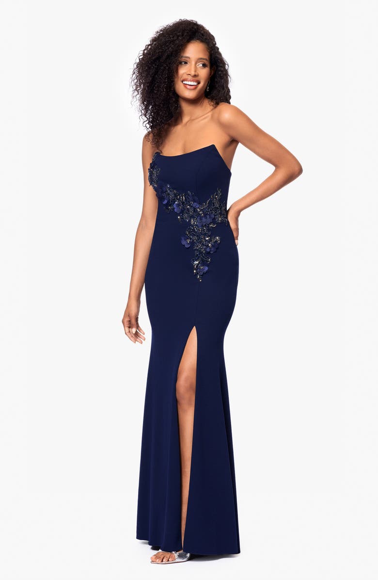 Betsy & Adam Beaded Floral Detail Strapless Scuba Crepe Gown, Alternate, color, Navy
