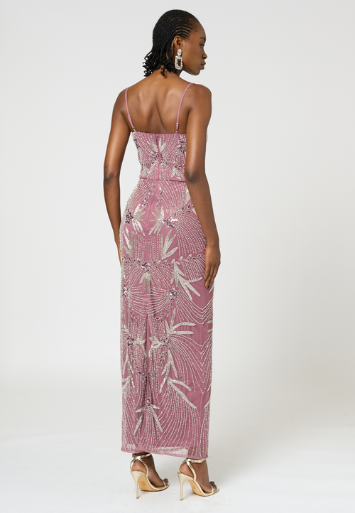 Shop Beauut Occasion Embellished Sequin Beaded Adjustable Strap Evening Dress In Mauve