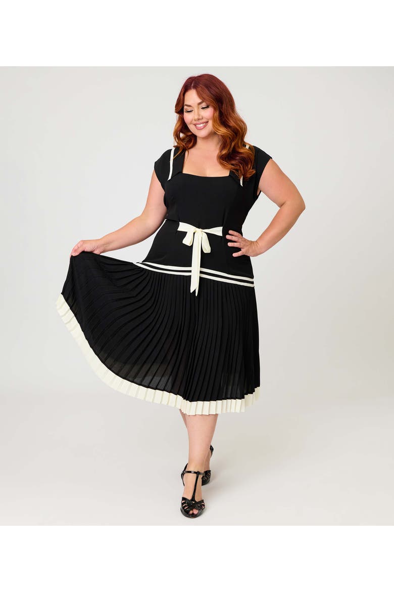 Plus Size Pleated Flapper Day Dress, Main, color, Black w/ White Ribbon
