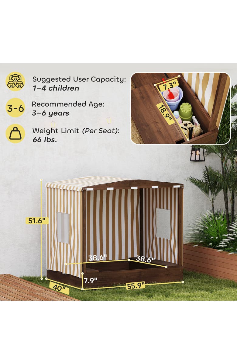 Qaba Kids Wooden Sandbox with Canopy, 2 Bench Seats & Bottom Liner, Alternate, color, Brown