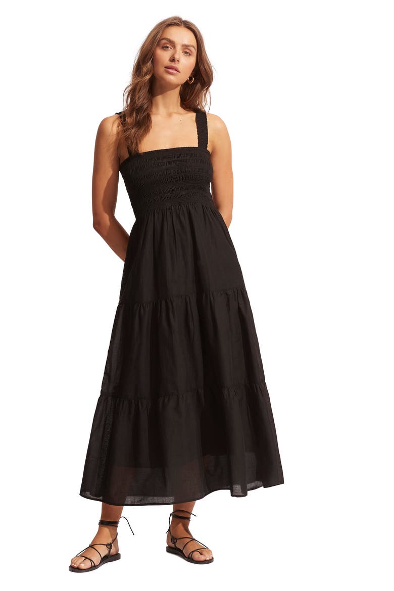 Beach House Smocked Cotton Cover-Up Dress, Alternate, color, BLACK