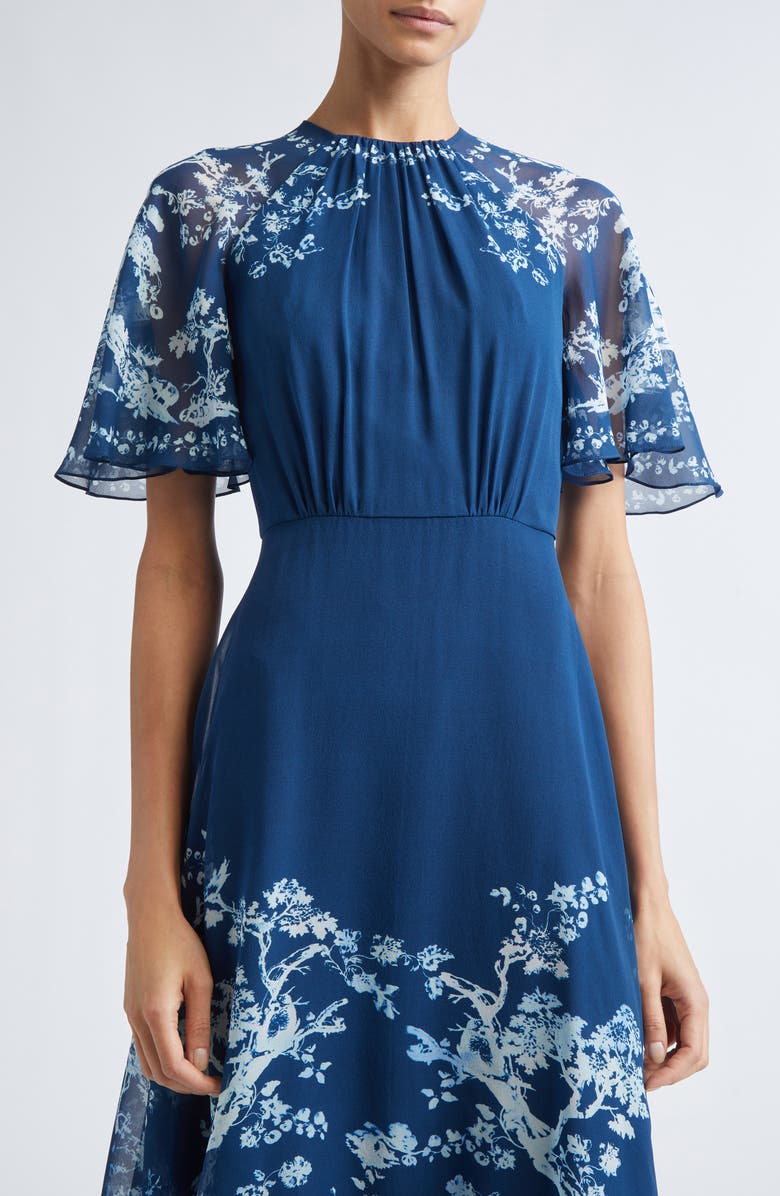 Erdem Flutter Sleeve Silk Voile Midi Dress, Alternate, color, Cyanotype Etching Navy