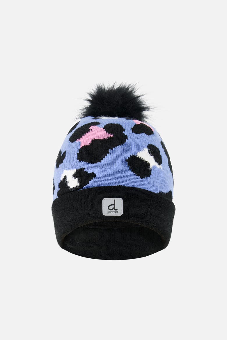 Winter Leopard Jacquard Fleece-Lined Pompom Knit Hat, Main, color, Blue Leopard Print
