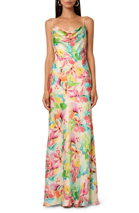 Lola Floral Print Cowl Neck Satin Dress