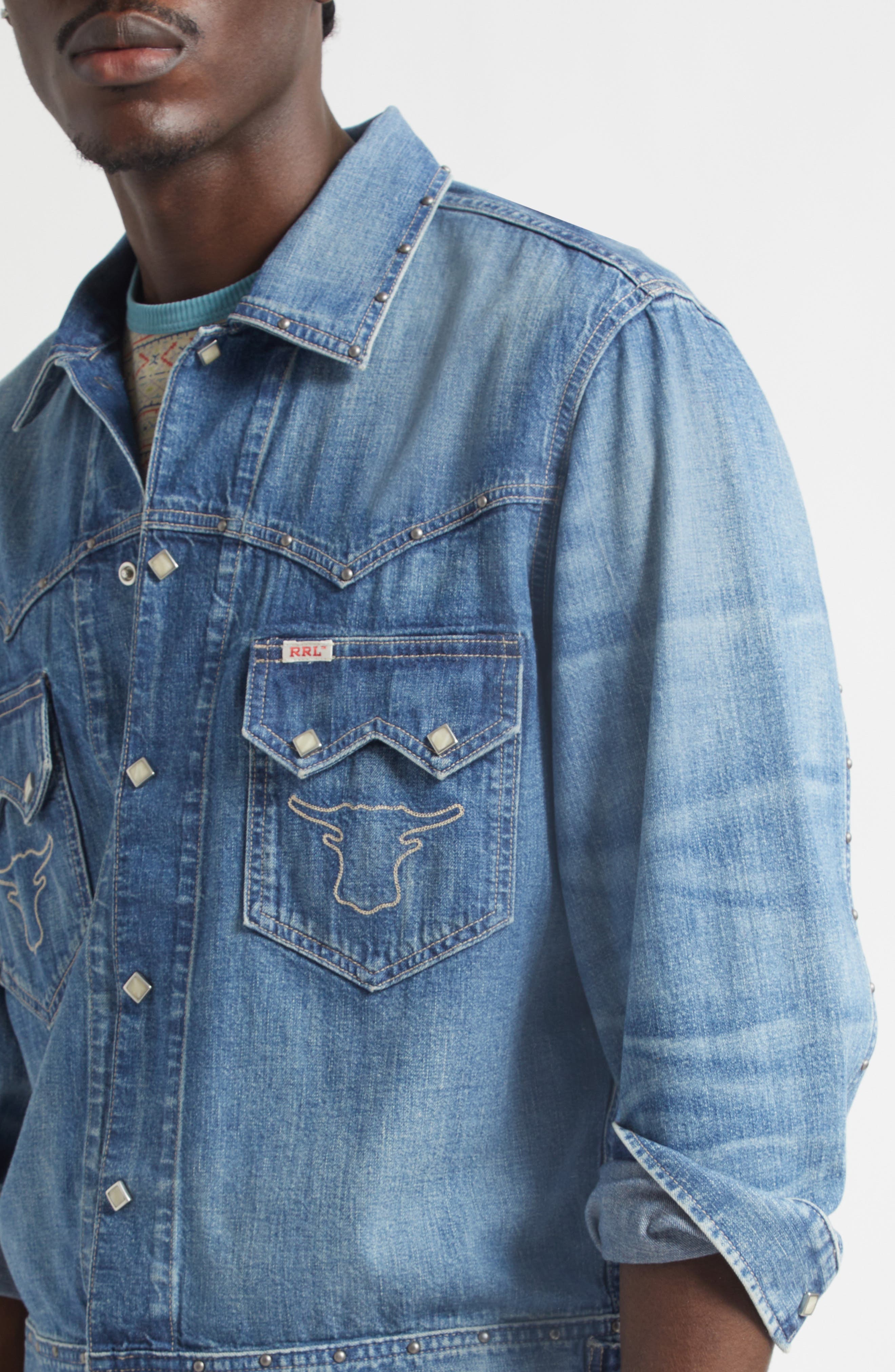 Double RL Studded Denim Snap-Up Shirt Jacket (Men) | Nordstrom