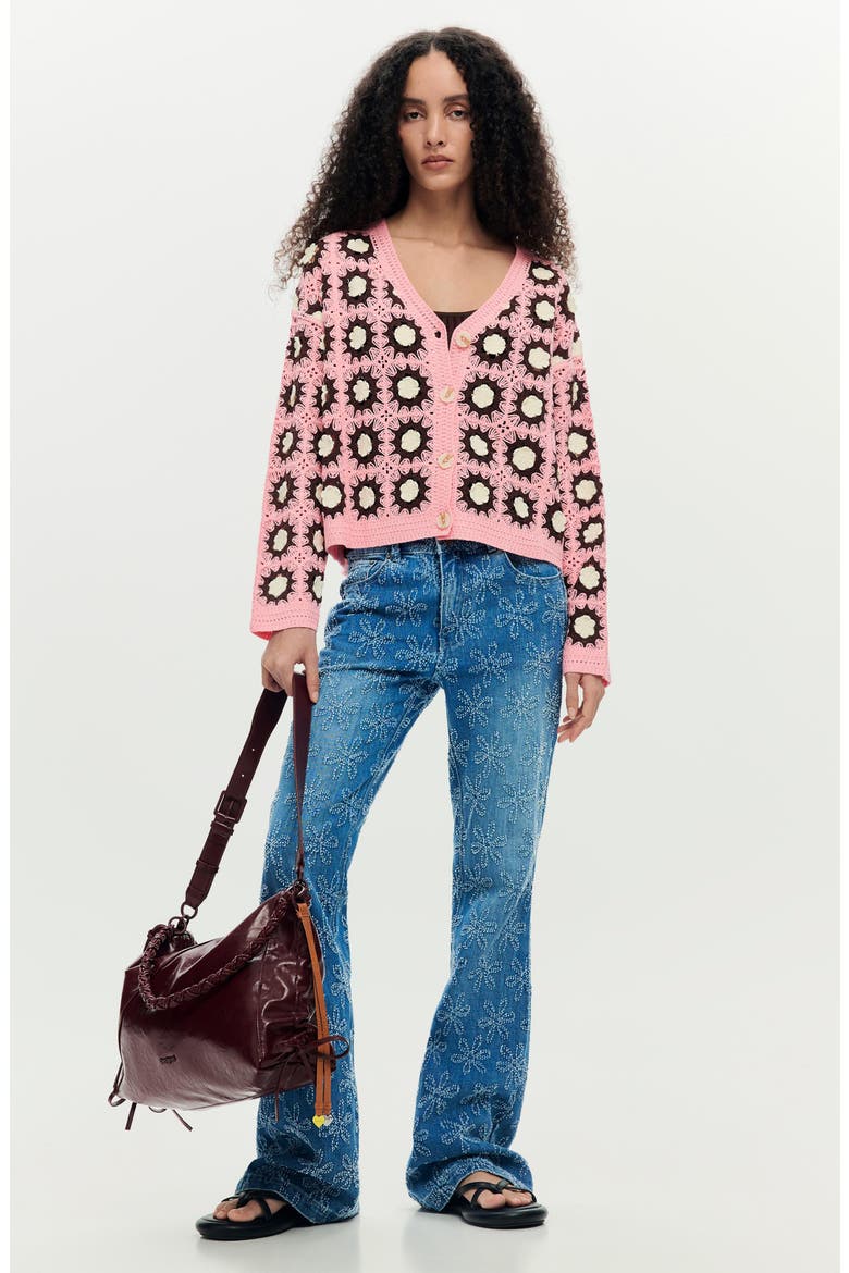 Granny Square Cotton Blend Crochet Cardigan, Alternate, color, DARK PINK
