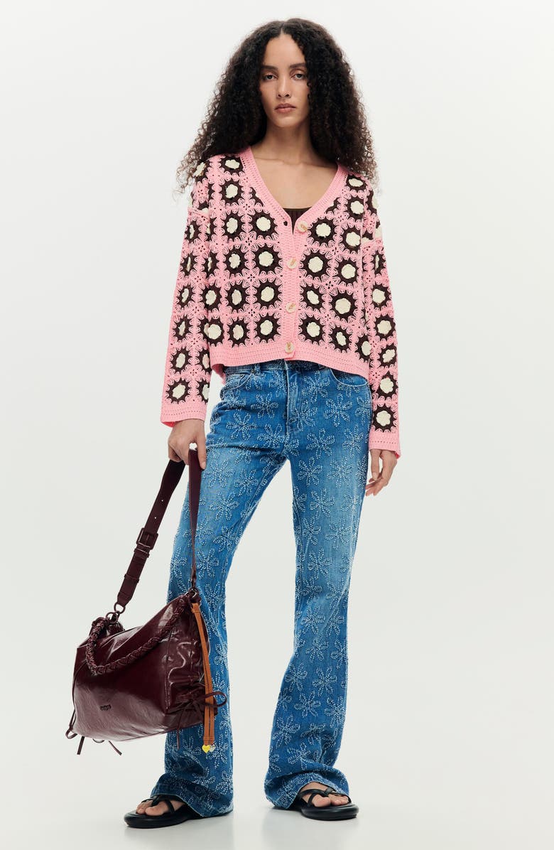 Desigual Granny Square Cotton Blend Crochet Cardigan, Alternate, color, Dark Pink