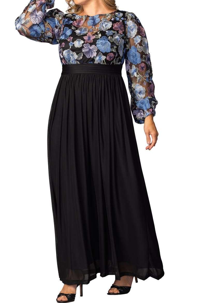 Floral Embroidered Long Sleeve Empire Waist Mesh Gown, Alternate, color, FLORAL FROLIC