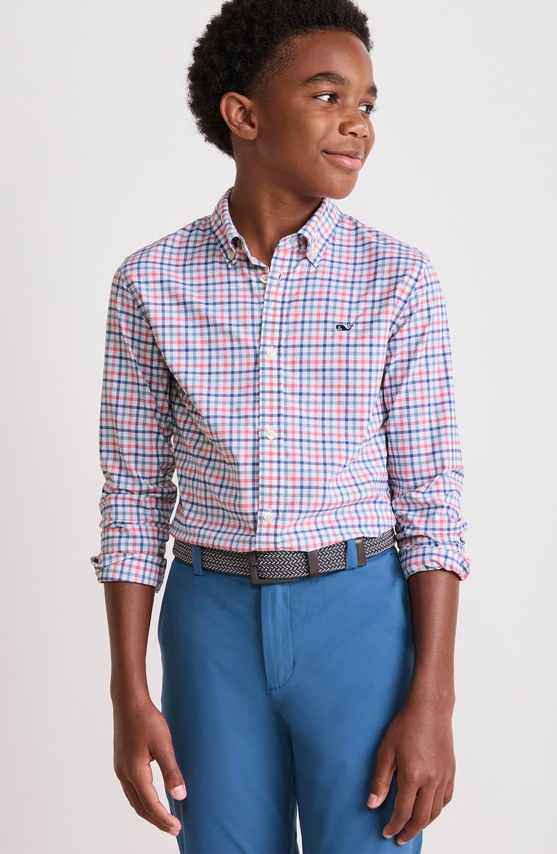vineyard vines Kids' Forepeak Plaid Performance Button-Down Shirt, Alternate, color, Mai Tai