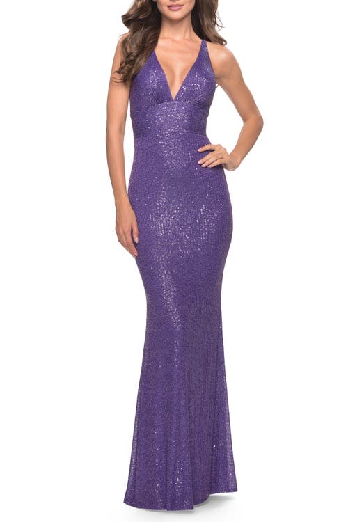 La Femme Fitted Stretch Lace Prom Dress With Banded Waist