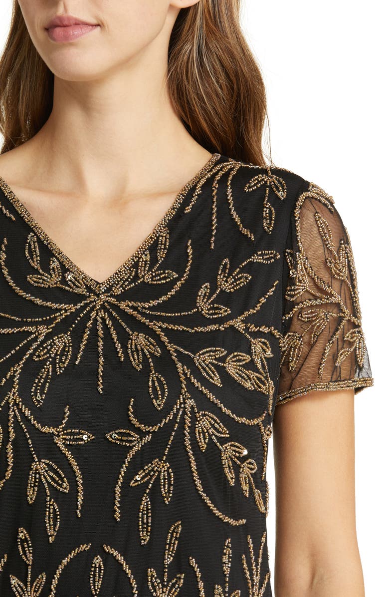 Pisarro Nights V-Neck Embellished Mesh Gown, Alternate, color, Black/ Gold