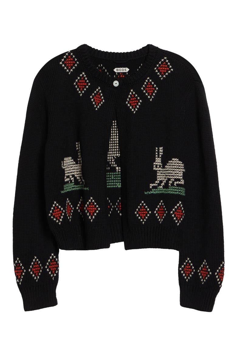 Bunny Cross Stitch Wool Cardigan, Alternate, color, BLACK