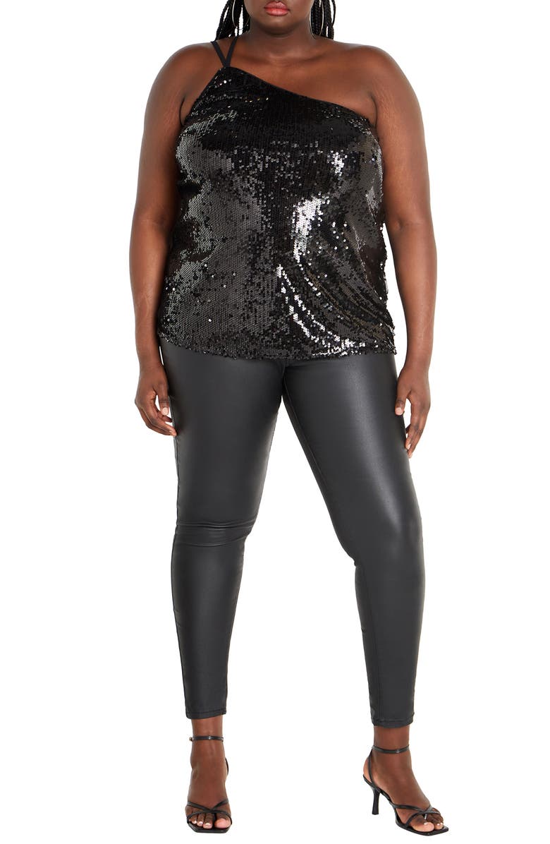 City Chic Lottie Sequin One-Shoulder Top, Alternate, color, Black