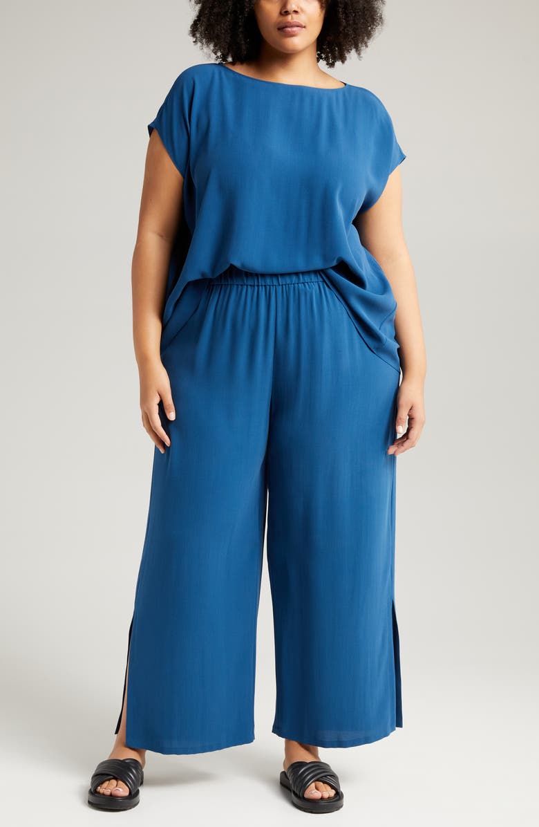 Eileen Fisher Wide Leg Slit Hem Ankle Pants, Main, color, Atlantis