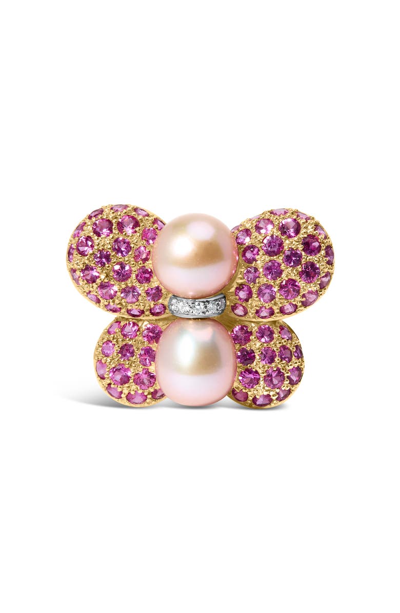 Haus of Brilliance 18K Gold South Sea Pearl & Pink Sapphire Butterfly Pin Brooch with Diamond Accent, Main, color, Yellow