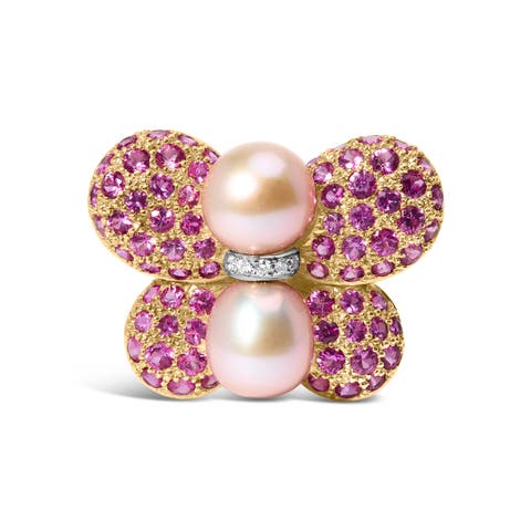 18K Gold South Sea Pearl & Pink Sapphire Butterfly Pin Brooch with Diamond Accent