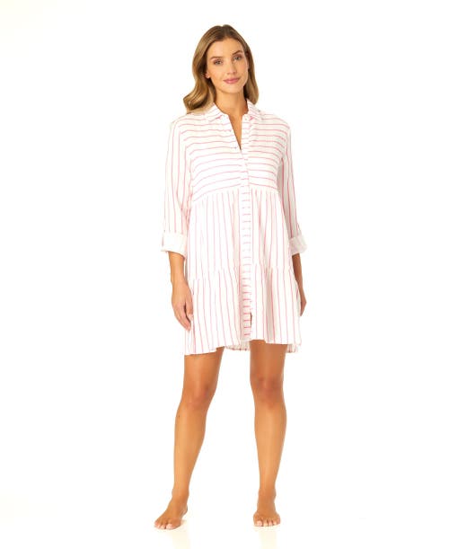 Anne Cole Button Front Long Sleeve Tiered Dress Cover Up In Pink Cosmos Stripe