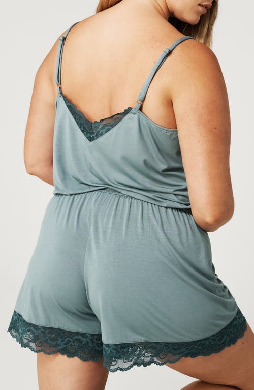 Posh Peanut Lace Trim Pajama Romper In Blue