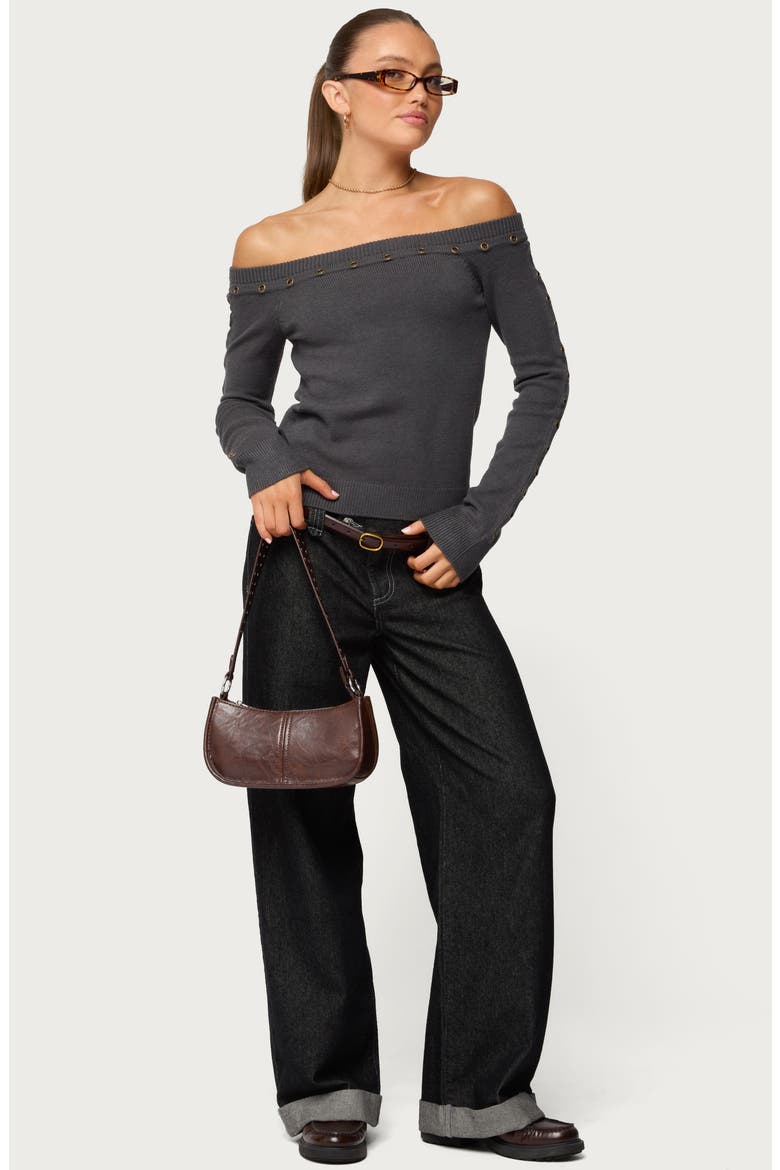 Morgen Grommet Embellished Off the Shoulder Sweater, Alternate, color, DARK-GRAY