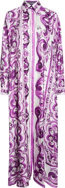 Dolce&Gabbana Majolica Print Long Sleeve Silk Shirtdress