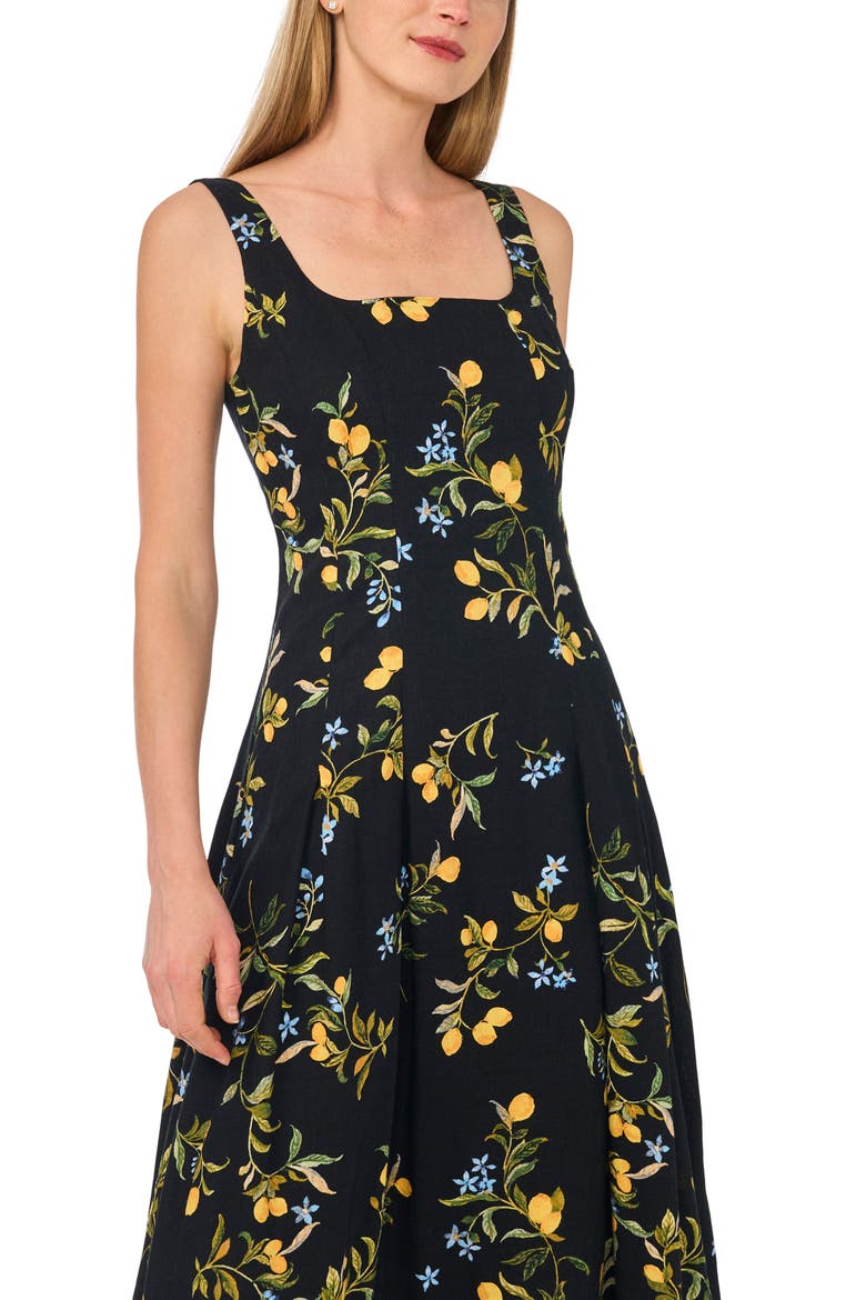 Lemon Print Sleeveless Pleated Midi Dress, Alternate, color, RICH BLACK