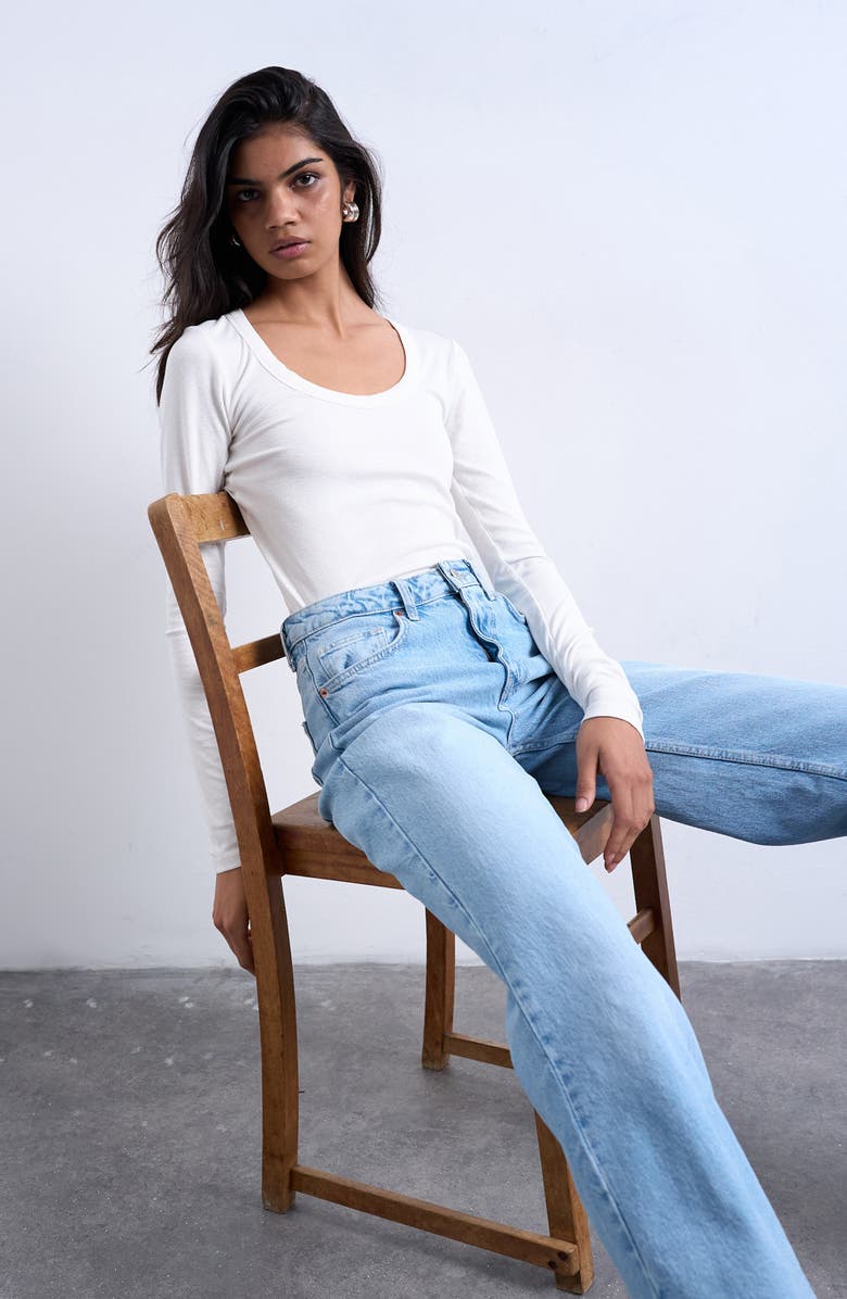 Topshop Scoop Neck Long Sleeve Rib Top, Alternate, color, Cream