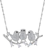 FZN Sterling Silver Cubic Zirconia Bird Trio Pendant Necklace