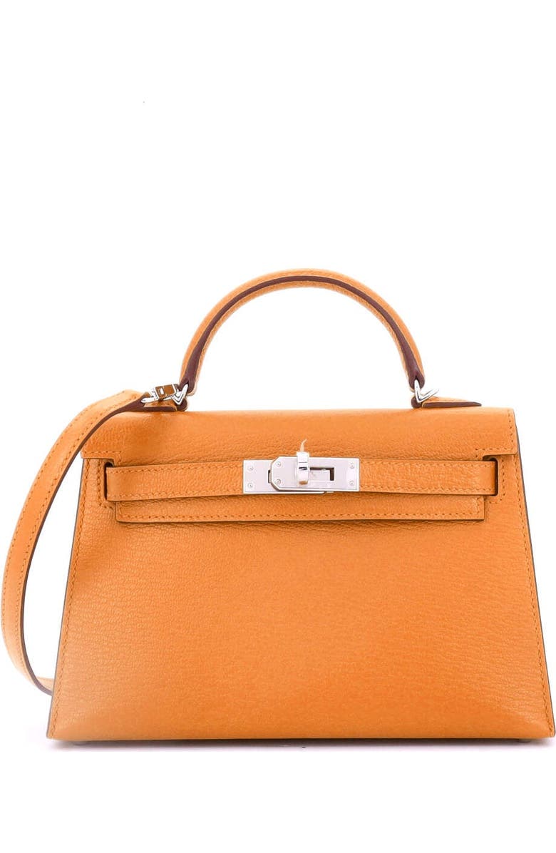 Pre-Owned Hermes Kelly Mini II Bag Verso Chevre Mysore with Palladium Hardware 20, Main, color, Verso - Apricot/Cuivre
