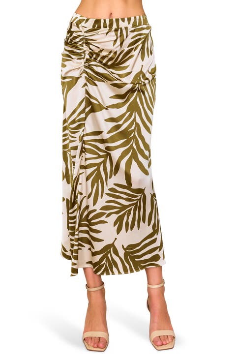 Floral Satin Ruched Midi Skirt