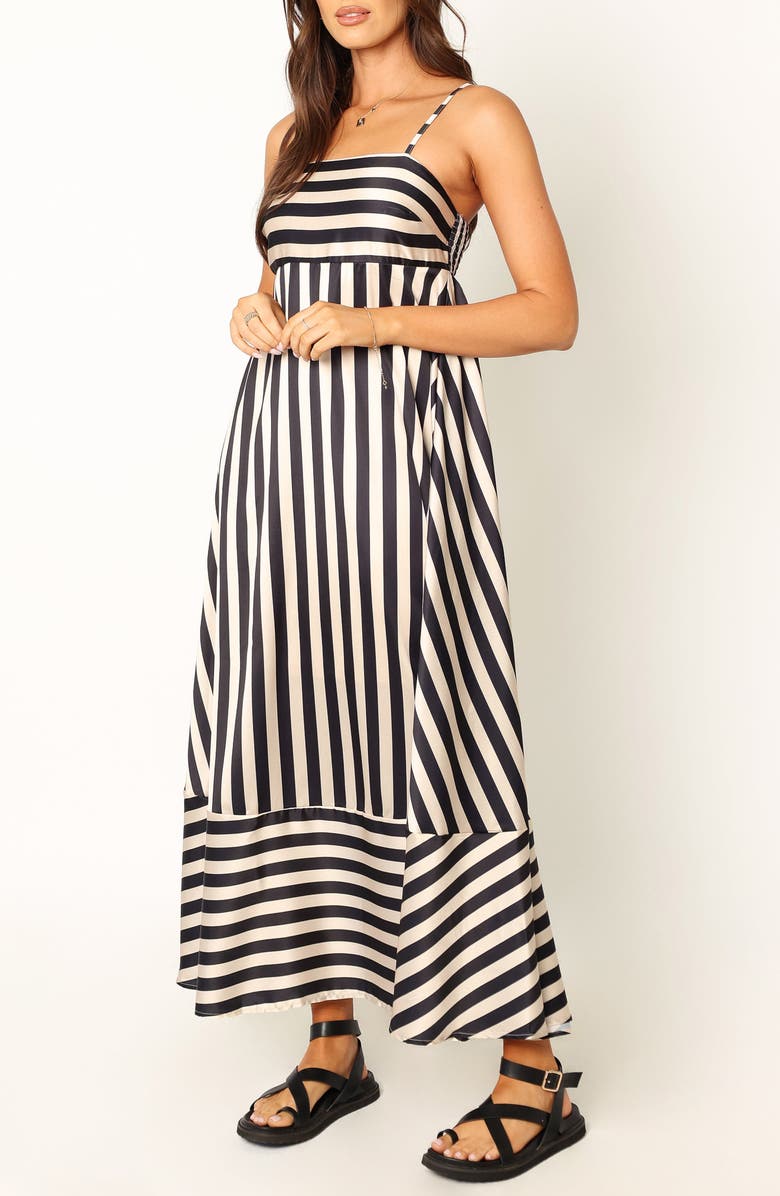 Petal & Pup Brea Stripe Sleeveless Satin Maxi Dress, Main, color, Black Stripe