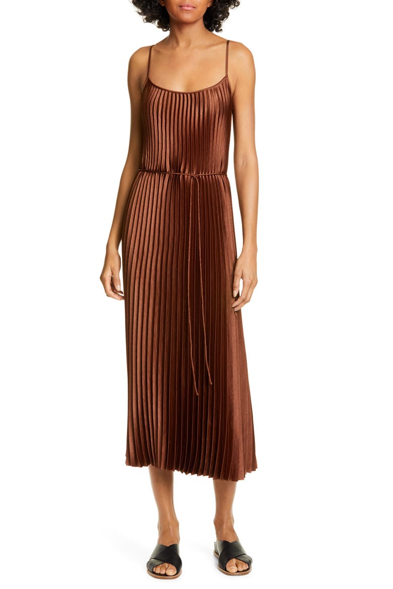 Pleated Satin Slipdress, Main, color, SYCAMORE SEED