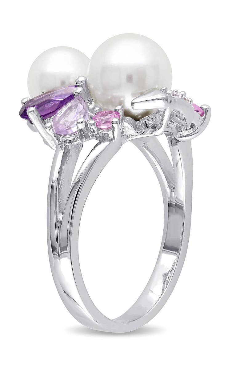 DELMAR Sterling Silver 6.5-7mm & 7.5-8mm White Freshwater Cultured Pearl & Semi-Precious Stone Ring, Alternate, color, Multi