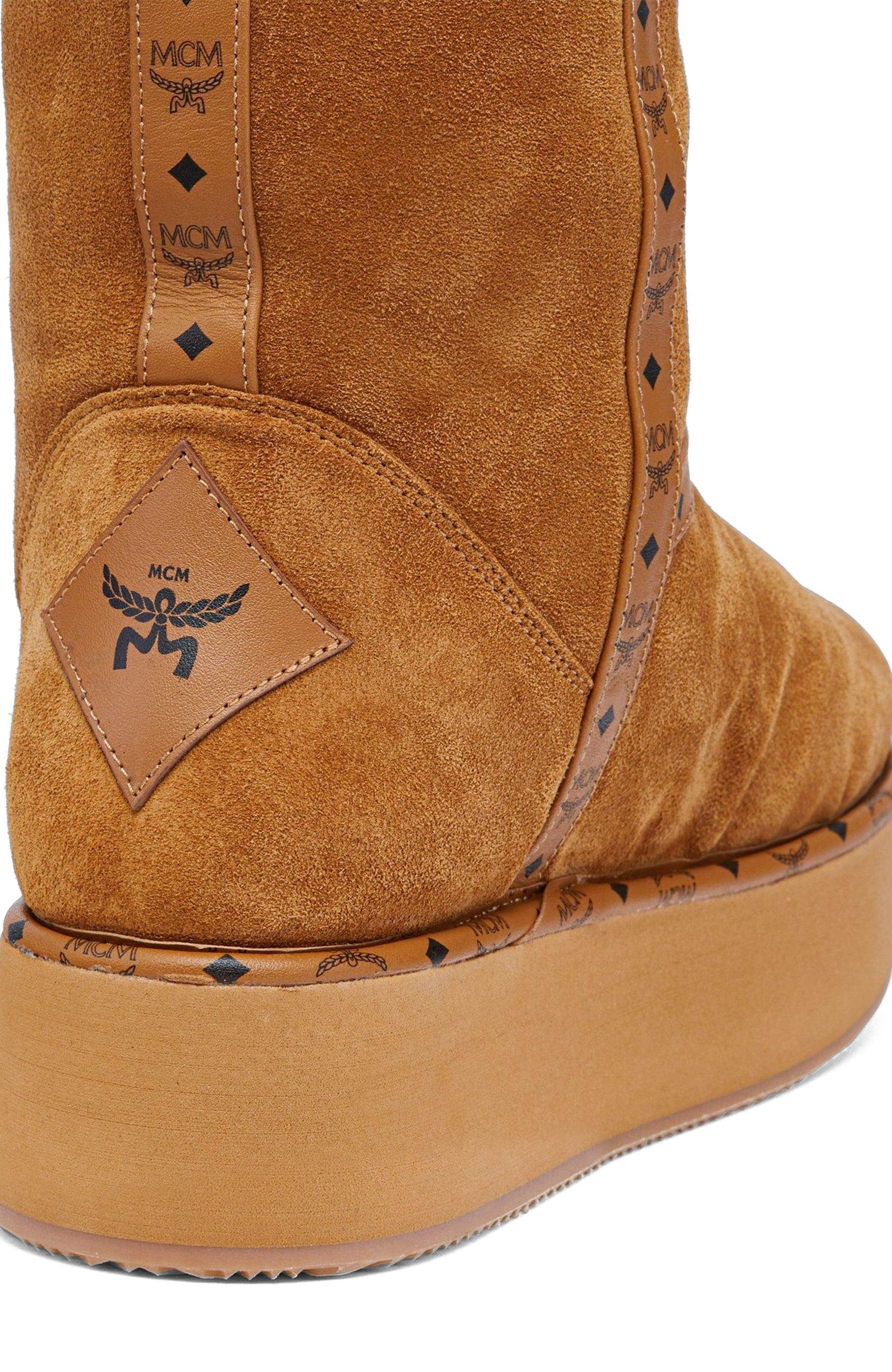 MCM Women's Boots in Calfskin Suede Leather, Alternate, color, Cognac