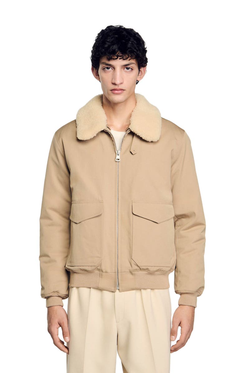 SANDRO Shearling collar aviator jacket, Alternate, color, Sand