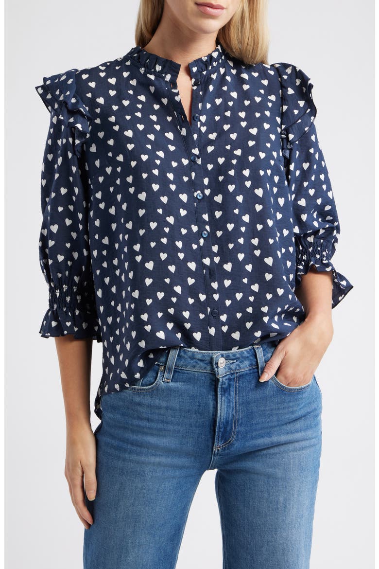 Ruffle Print Top, Main, color, NAVY- WHITE FLOATING HEARTS