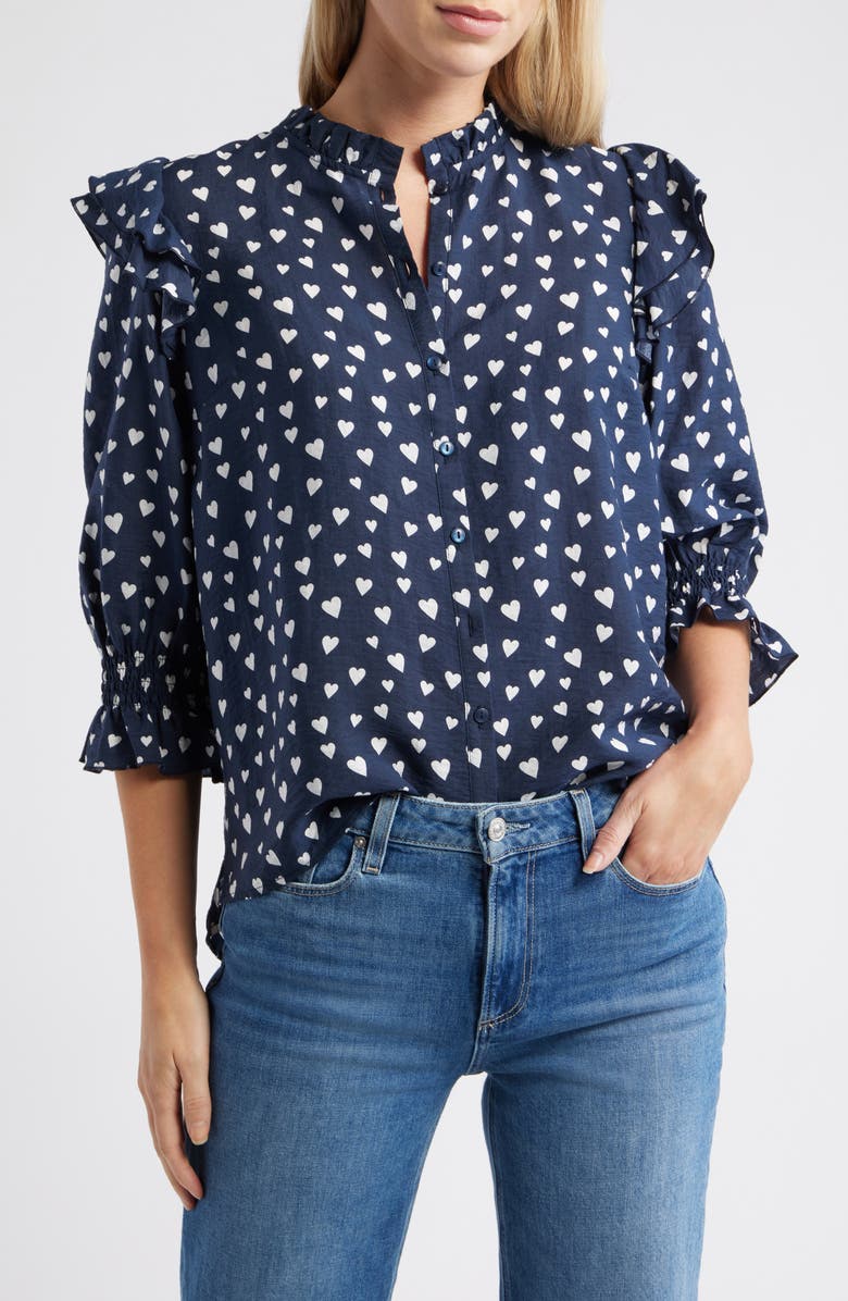 Caslon<sup>®</sup> Ruffle Print Top, Main, color, Navy- White Floating Hearts