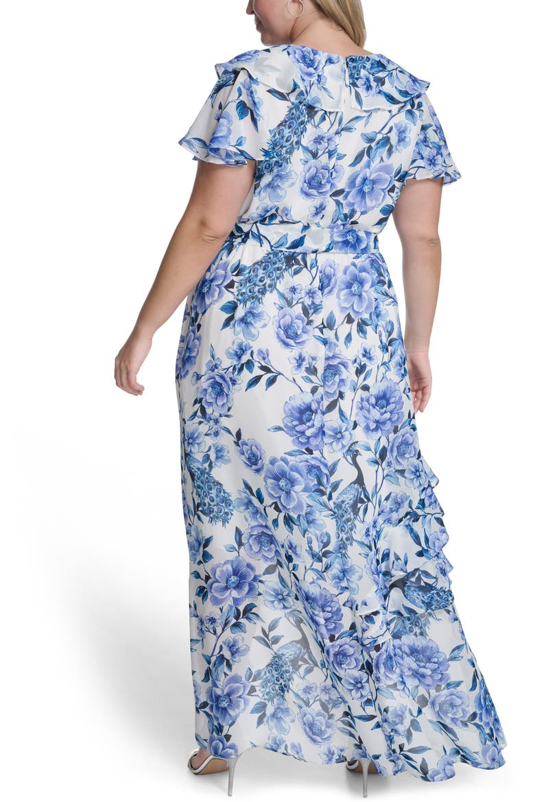 Floral Wrap Bodice Asymmetrical Ruffle Maxi Dress, Alternate, color, IVORY BLUE