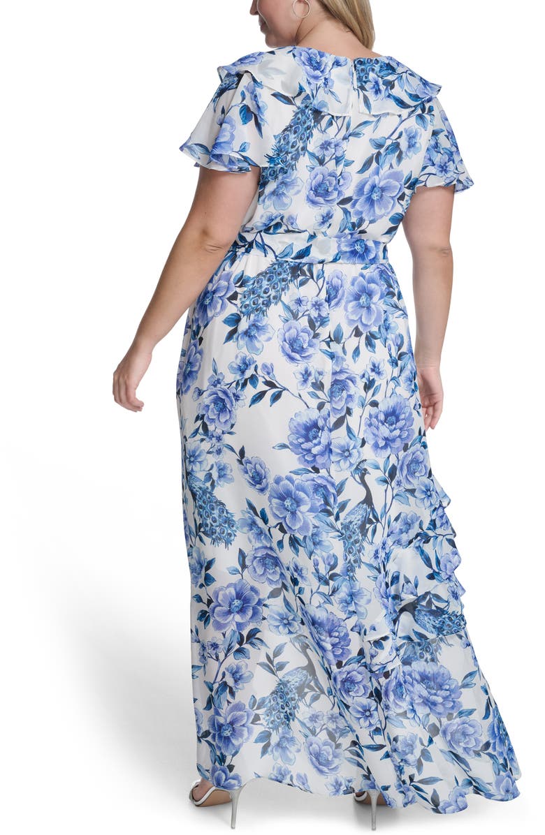 Eliza J Floral Wrap Bodice Asymmetrical Ruffle Maxi Dress, Alternate, color, Ivory Blue